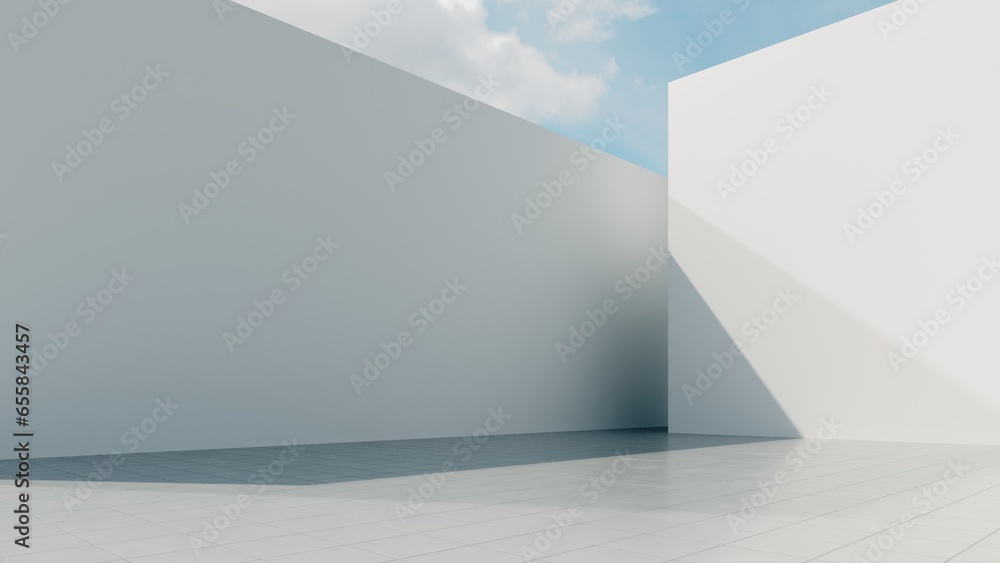 Poster abstract architectural backdrop - 3d render. white details of the facade of modern building on blue 