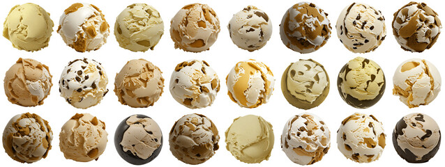 set of delicious yellow vanilla ice cream balls / scoops, isolated on transparent background cutout - png - different flavors mockup for design - image compositing footage - alpha channel