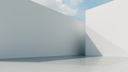 Abstract architectural backdrop - 3D render. White details of the facade of modern building on blue sky background with copy space. Unobtrusive background with shadow on the wall.	
