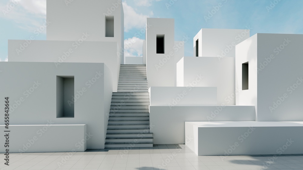 Poster abstract architectural backdrop - 3d render. white details of the facade of modern building on blue 