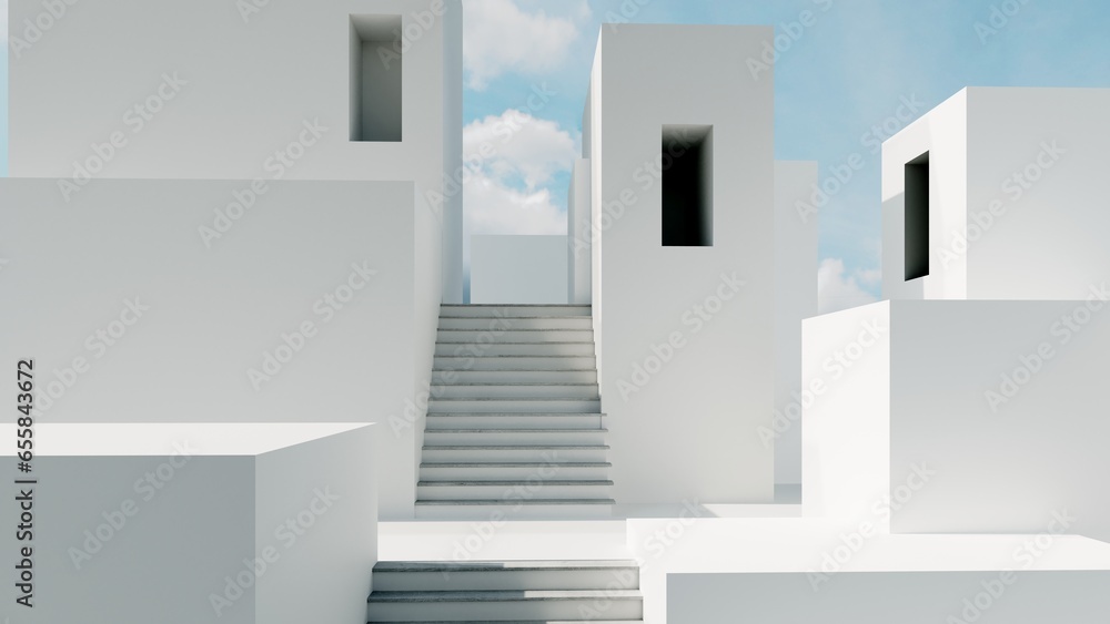 Poster abstract architectural backdrop - 3d render. white details of the facade of modern building on blue 