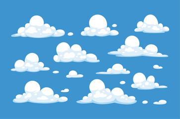Vector set of cartoon clouds isolated on blue background. Collection of cloud icons in flat style. Cloudscape illustration. Nature weather elements for pattern, web site, poster, wallpaper and print