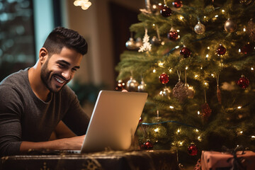 Picture of a young hispanic man using a laptop while sitting next to a christmas tree at home, christmas image