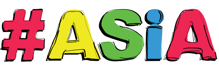 #ASIA. Handwritten curved bright color text. Doodle outline of letters. Hashtag #ASIA for social networks, web resources, mobile apps, games, t-shirts.