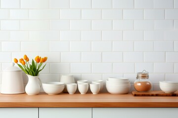 Fototapeta na wymiar Close-up of blank wooden kitchen counter with stylish kitchenware, fresh eggs, white ceramic wall tiles, morning sunlight, baking equipment. Generative AI