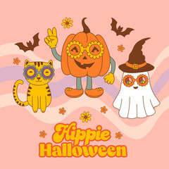 Halloween poster with funny pumpkin, ghost, cat