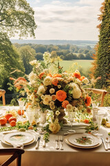 Autumn table scape, autumnal dinner table setting, holiday tablescape for wedding, birthday or party event celebration, generative ai