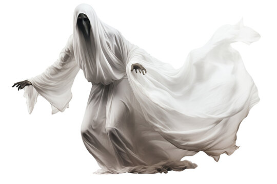 Scary Halloween ghost on transparent background. Happy Halloween costume. Spooky character, cut out. Trick or treat. Spirit, phantom
