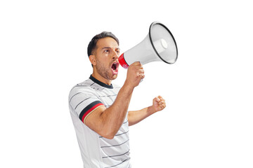 soccer fan with megaphone in hand celebrating on isolated on free PNG background - obrazy, fototapety, plakaty