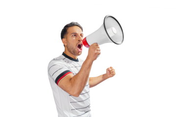 soccer fan with megaphone in hand celebrating on isolated on free PNG background
