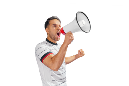 soccer fan with megaphone in hand celebrating on isolated on free PNG background