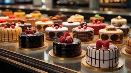 Small cakes on display at the patisserie counter.