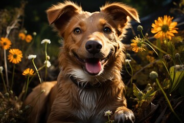 Portrait of a brown dog in the garden.