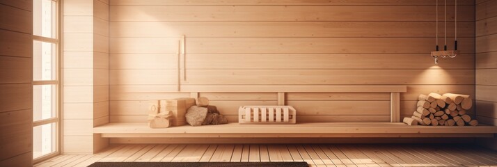 Front view of empty Finnish sauna room. Modern interior of wooden spa cabin with dry steam.