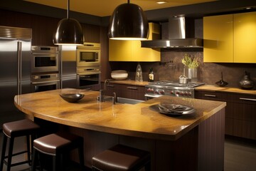 Contemporary kitchen featuring warm tones of brown and yellow. Generative AI