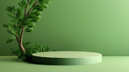 Summer product mockup background: a 3d green product podium display with tree shadow and green background