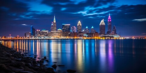 Fototapeta na wymiar Downtown Cleveland Skyline at Dusk. Stunning Panorama of the City Landscape Featuring the Blue Lakefront and Architecture of Cleveland's Vibrant Downtown District