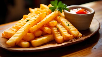 Peruvian Yuca Fries with Dipping Sauce. Traditional Peru Food, Delicious and Mouthwatering - obrazy, fototapety, plakaty