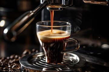 Fototapeta premium Professional Espresso Pouring from Bottomless Portafilter: A Closeup of Italian Art and Design for a Delicious Hot Drink