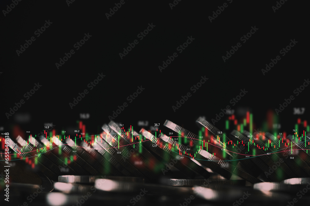 Poster coins and stock market chart on dark background for trader investment analysis to get business profi
