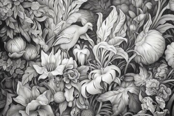 Elegant artistic floral background. Meticulous pencil artwork. Generative AI
