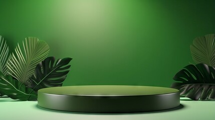 Summer product mockup background: a 3d green product podium display with tree shadow and green background