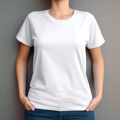 Blank t shirt, isolated, for print and advertising
Front View T-Shirt Mockup for Women
Portrait of a young woman with white mockup t-shirt
Grey background
