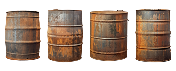 Collection set of rusty old metal barrels isolated on transparent or white background, png