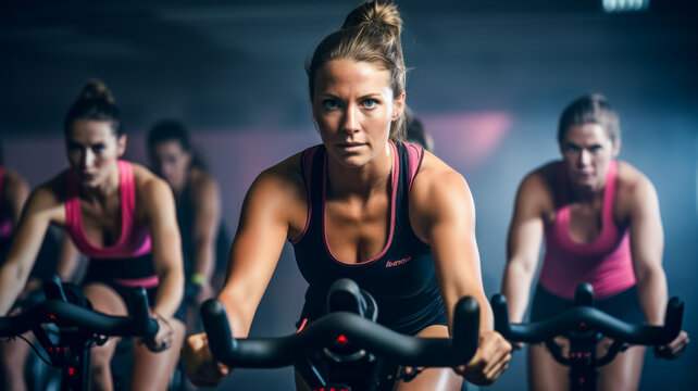 Portrait of fit women exercising on exercise bike in gym