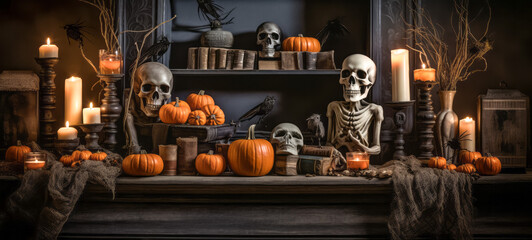 Halloween still life with pumpkins, skulls and other objects on wooden shelf.