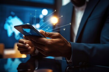 Businessman use modern interface payment, online shopping and customer network connection on virtual screen, smart logistics, innovative logistics, future of transportation in a large warehouse	