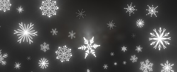 Snowflakes and bokeh lights on the blue Merry Christmas background. 3D render
