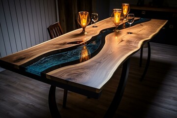 Kitchen table crafted from oak and coated in epoxy resin. Generative AI - obrazy, fototapety, plakaty