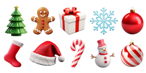 Collection set of various Christmas ornaments isolated on transparent or white background, png