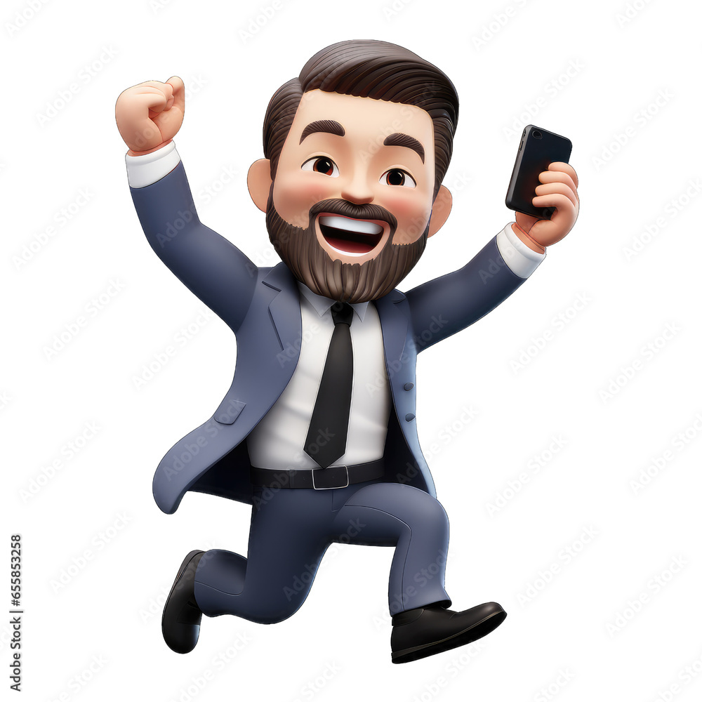 Wall mural Emoji happy man with a phone on a transparent background. Memoji PNG