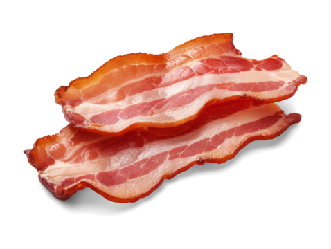 Cooked bacon slices isolated on transparent or white background, png