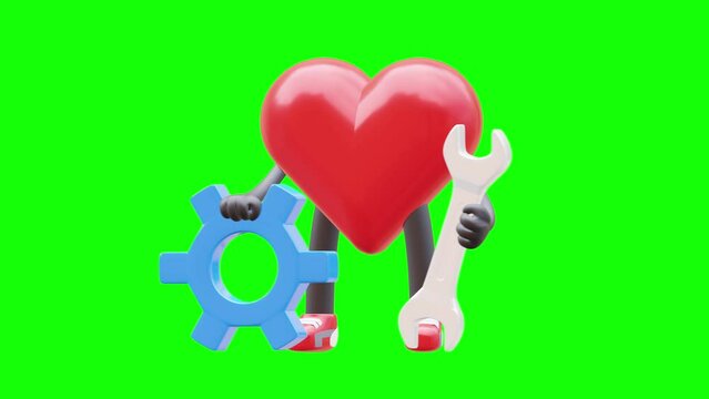 3D heart character holding a gear and wrench.