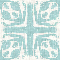 Teal aqua white vibrant watercolor batik azulejos tile background. Seamless coastal blur linen effect geometric mosaic effect.Boho Patchwork nautical masculine all over summer fashion repeat.