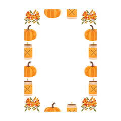Fototapeta premium Autumn card. Fall season cozy poster. Autumn thanksgiving seasonal banner with candle, pumpkin. Stock design
