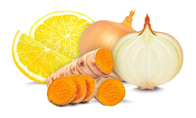turmeric, lemon and onion isolated on white background
