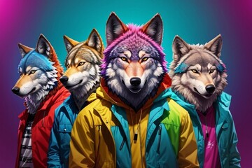 Wolfs in a group,wearing fashionable clothes