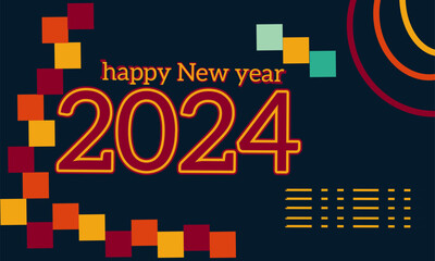 2024 New Year Celebration Banner Design with Modern Abstract Geometric Background in Retro Style Decorated with Colorful Shapes