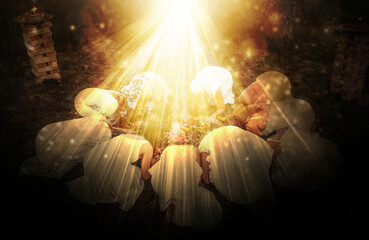 Madala with flowers and fruits, spiritual ceremony of earth. Light effect. - obrazy, fototapety, plakaty