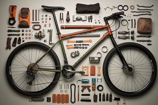 Photo of a fully equipped bicycle with various tools neatly arranged in knolling style. Generative AI