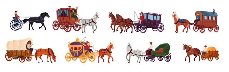 Horse vehicles. Ancient trip wagon victorian carriage, wagoneer chariot or working rustic horses cart, wedding royal stagecoach old historic vehicle, ingenious vector illustration - obrazy, fototapety, plakaty