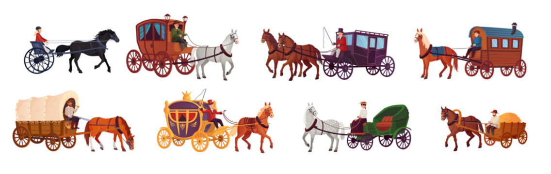 Horse vehicles. Ancient trip wagon victorian carriage, wagoneer chariot or working rustic horses cart, wedding royal stagecoach old historic vehicle, ingenious vector illustration