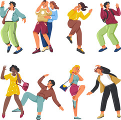 Horrified people. Frightened man and scared woman in panic fear, startled scared person afraid shocked screaming face, worry emotion horror expression, recent vector illustration