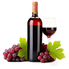 Red wine bottle with wine grapes isolated on transparent or white background, png