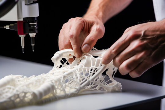 A person’s hands holding a 3D printed object. The object is white and has a complex, lattice-like structure.  The background is a 3D printer with a black base and a white arm.