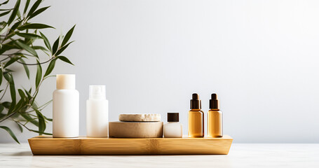 Fototapeta na wymiar A wooden tray with various, arranged neatly skincare products - white bottles, a small jar with a lid, and two amber dropper bottles. There is a green plant on the left. The background is a white wall